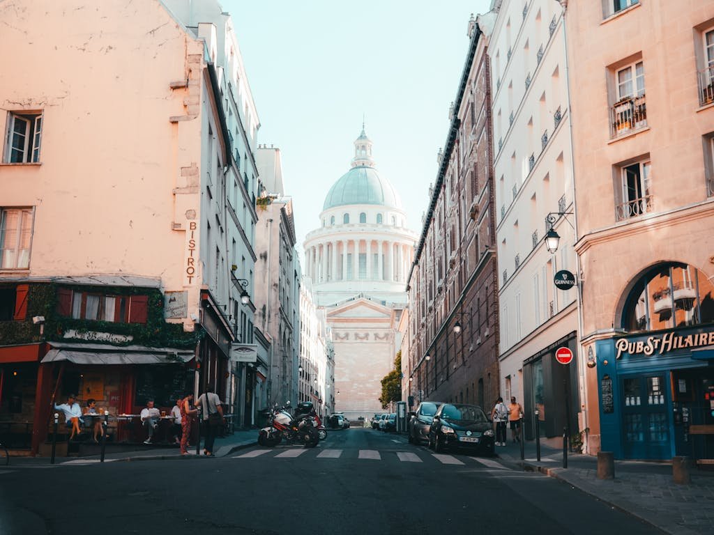 Pantheon at the end of a street in Paris